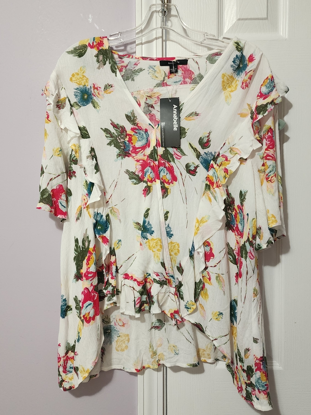 Annabelle White Floral Ruffle V-Neck Tunic with Multicolor Blooms